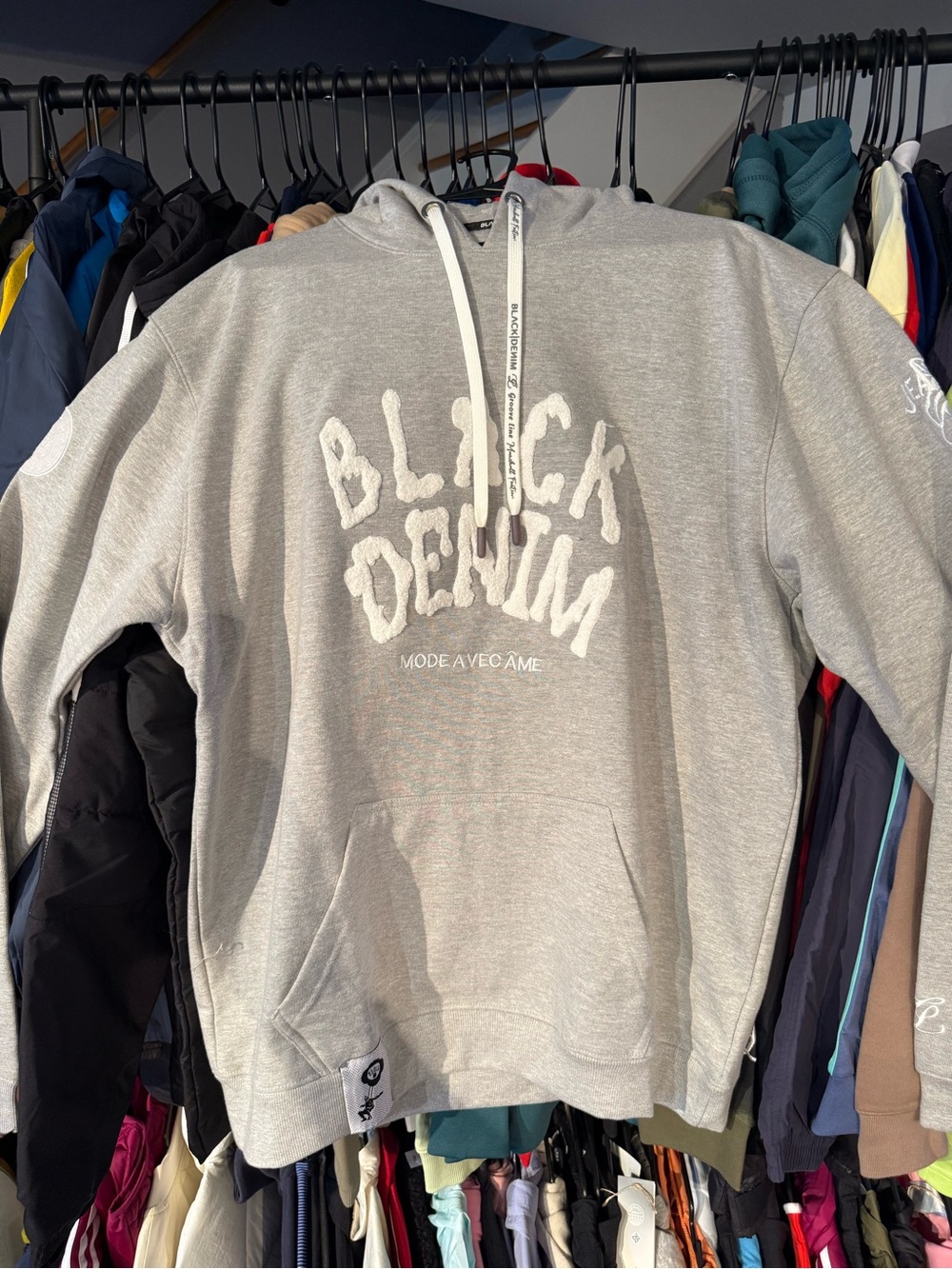 Black Denim Men's Heavy Gray premium Crewneck Hoodie with White Logo XXL